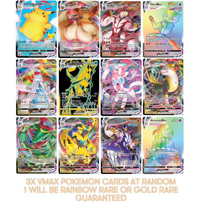 3x VMAX Pokémon Card Bundle incl 1 Secret Rare Rainbow or Black & Gold Card - No Duplicates - Vmax Card Pack
