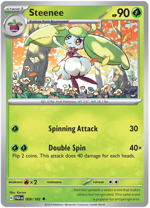 Steenee 009/182 Uncommon Reverse Holo Pokemon Card (SV04 Paradox Rift)