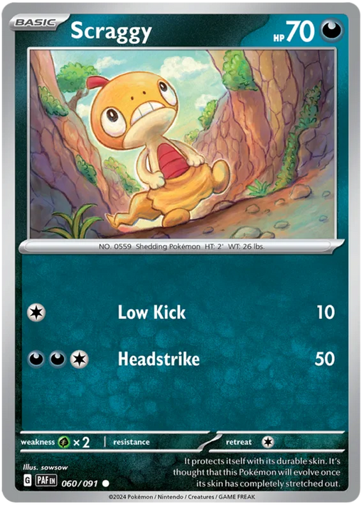 Scraggy 060/091 Common Reverse Holo Pokemon Card (SV 4.5 Paldean Fates)