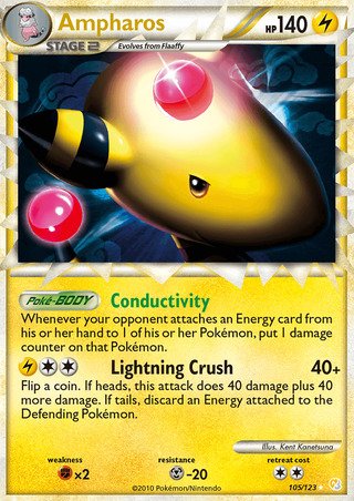 Ampharos 105/123 PLAYED Super Rare Holo Pokemon Card (EX HeartGold & SoulSilver)