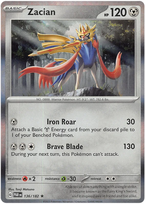 Zacian 136/182 Rare Reverse Holo Pokemon Card (SV04 Paradox Rift)