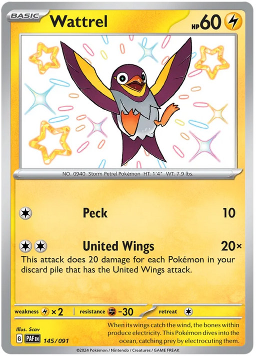 Wattrel 145/091 Shiny Rare Pokemon Card (SV 4.5 Paldean Fates)