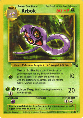 Arbok 31/62 Uncommon Pokemon Card (Fossil Set)