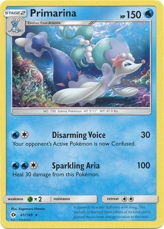 Primarina 41/149 Rare Pokemon Card (Sun & Moon Base Set)