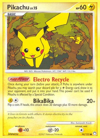 Pikachu 94/123 Common Reverse Holo Pokemon Card (Mysterious Treasures)