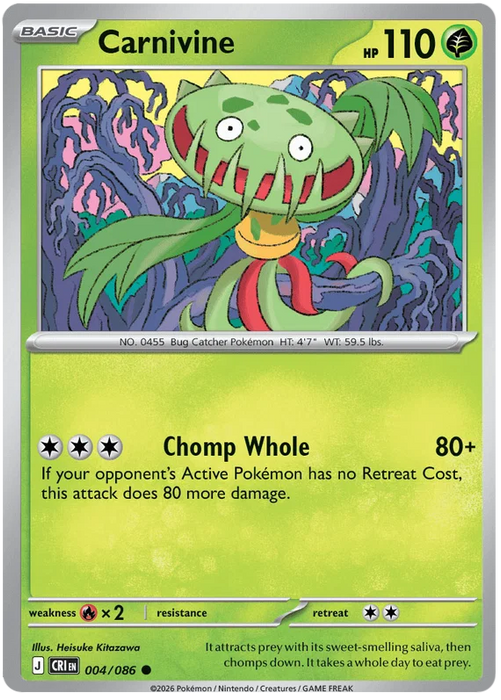 Carnivine 004/086 Common Pokemon Card (Mega Evolution Chaos Rising)