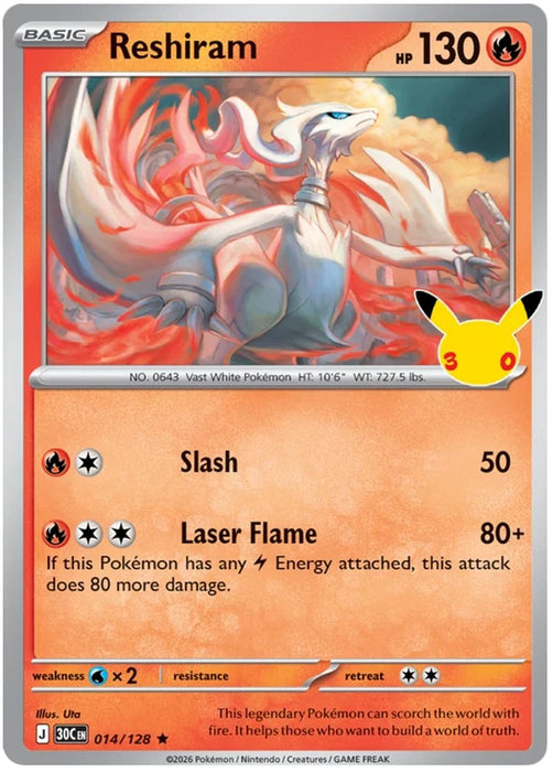 Reshiram 014/128 Rare Pokemon Card (30th Anniversary Collection)