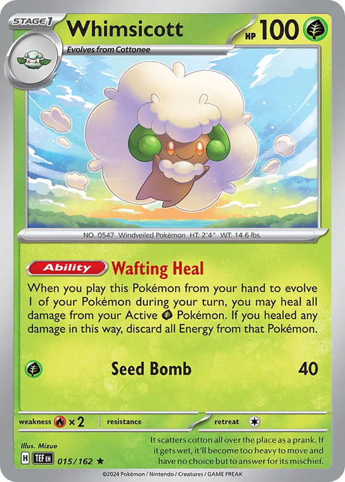 Whimsicott 015/162 Rare Reverse Holo Pokemon Card (SV Temporal Forces)