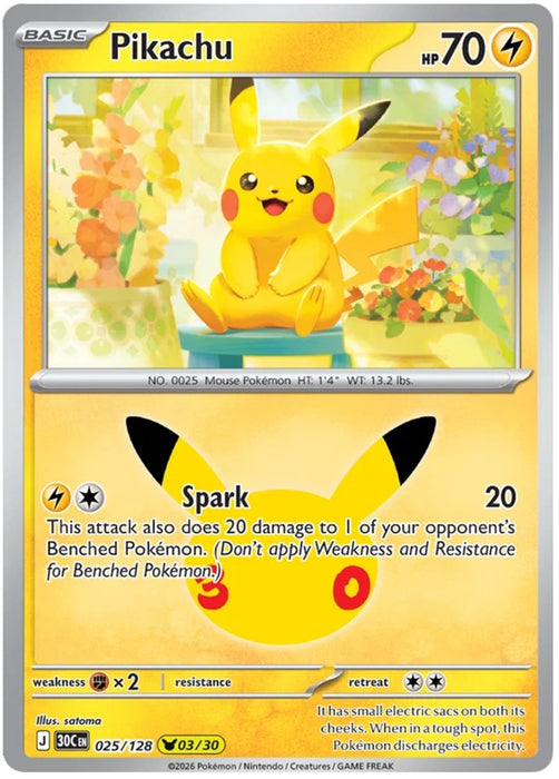 Pikachu 025/128 Common Pokemon Card (30th Anniversary Collection)