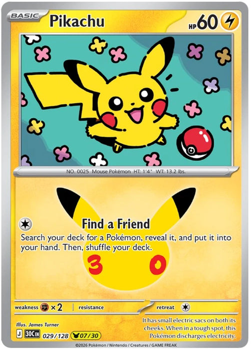 Pikachu 029/128 Common Pokemon Card (30th Anniversary Collection)