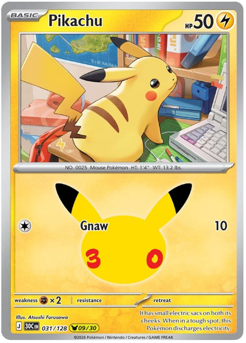 Pikachu 031/128 Common Pokemon Card (30th Anniversary Collection)