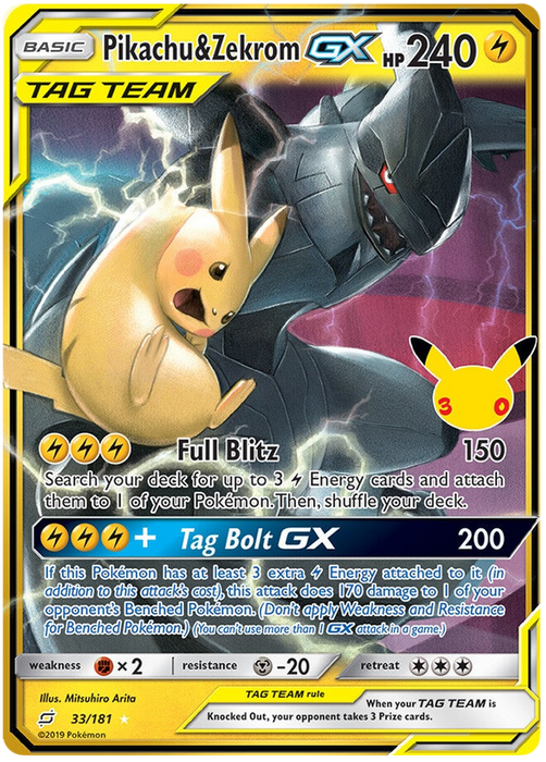 Pikachu & Zekrom Tag Team GX 025/030 Rare Pokemon Card (30th Anniversary Classic Collection)