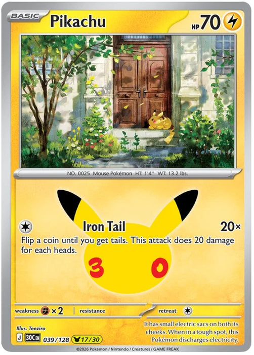 Pikachu 039/128 Common Pokemon Card (30th Anniversary Collection)