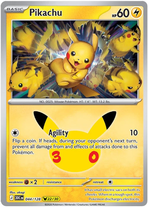 Pikachu 044/128 Common Pokemon Card (30th Anniversary Collection)