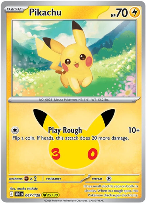 Pikachu 047/128 Common Pokemon Card (30th Anniversary Collection)
