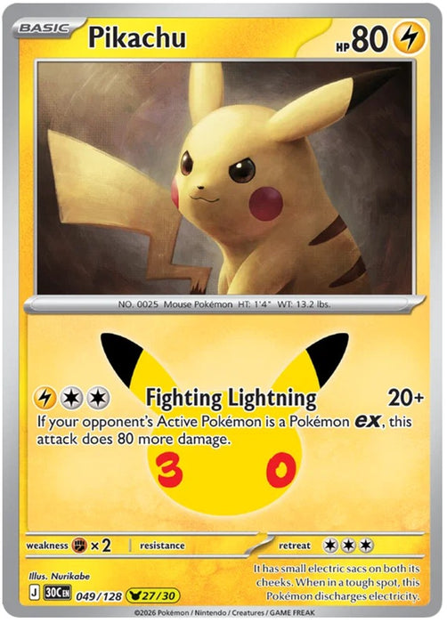 Pikachu 049/128 Common Pokemon Card (30th Anniversary Collection)