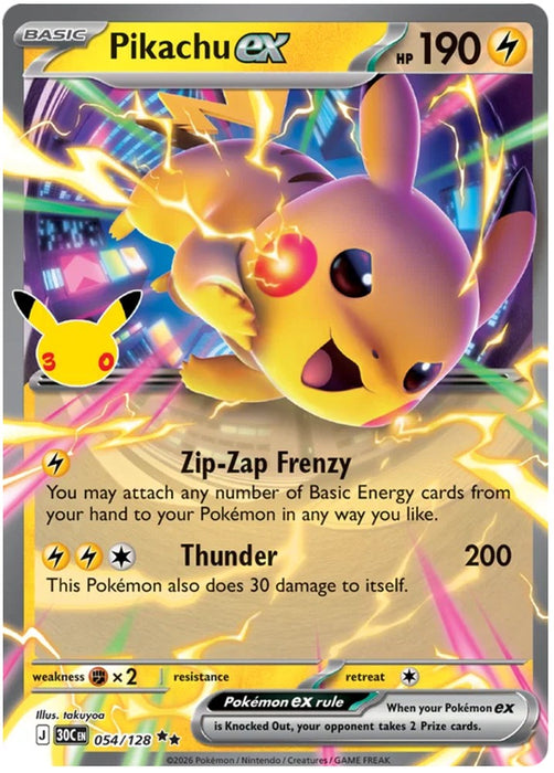Pikachu ex 054/128 Double Rare Pokemon Card (30th Anniversary Collection)