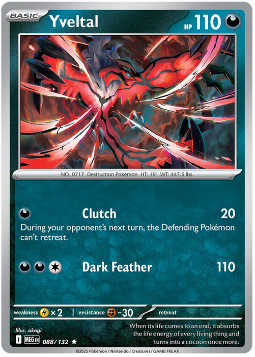 Yveltal 088/132 Rare Pokemon Card (Mega Evolution Base Set ME01)