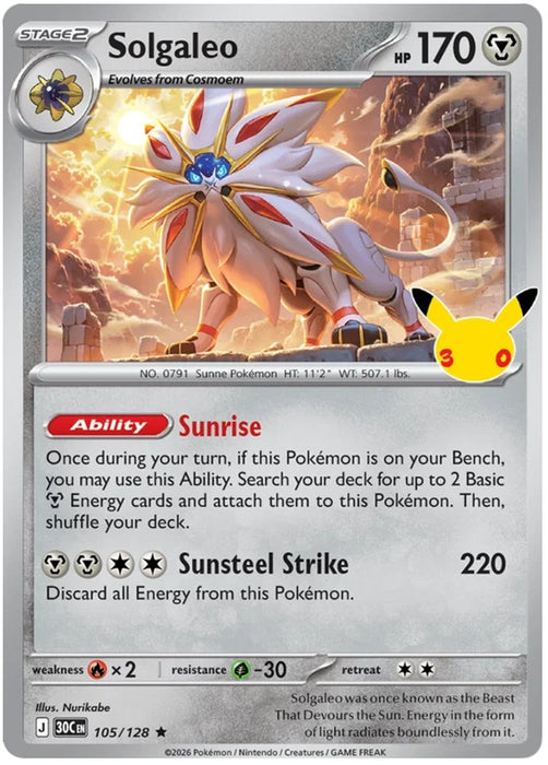 Solgaleo 105/128 Rare Pokemon Card (30th Anniversary Collection)