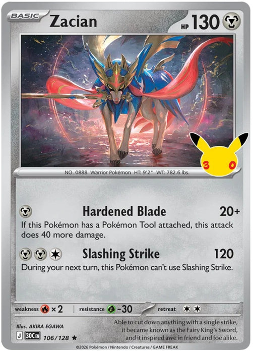 Zacian 106/128 Rare Pokemon Card (30th Anniversary Collection)