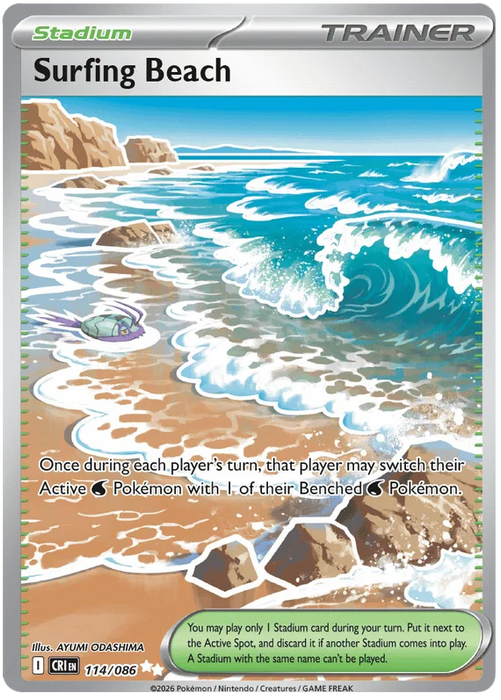 Surfing Beach 114/086 Ultra Rare Pokemon Card (Mega Evolution Chaos Rising)