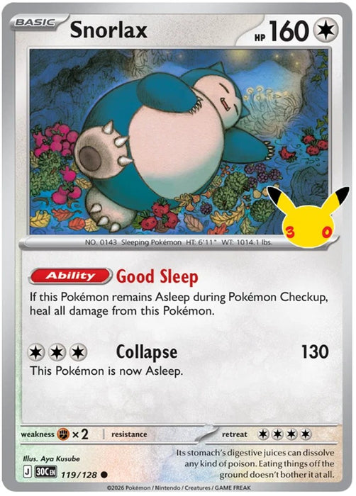 Snorlax 119/128 Common Pokemon Card (30th Anniversary Collection)