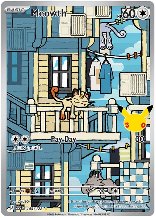 Meowth 144/128 Illustration Rare Pokemon Card (30th Anniversary Collection)