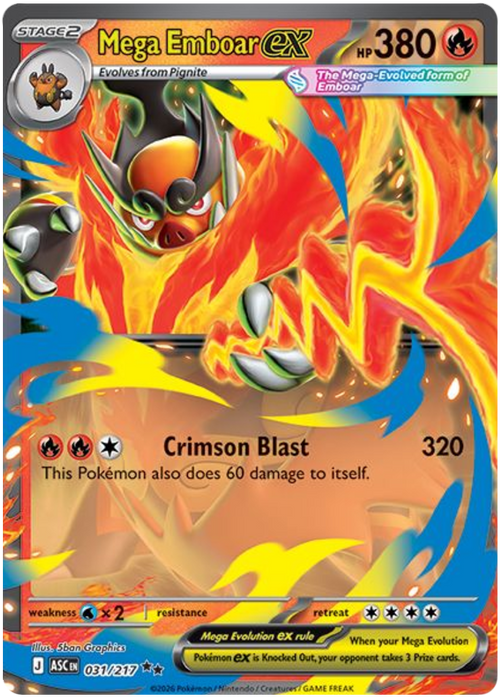 Mega Emboar ex 031/217 Double Rare Pokemon Card (Mega Evolution Ascended Heroes)
