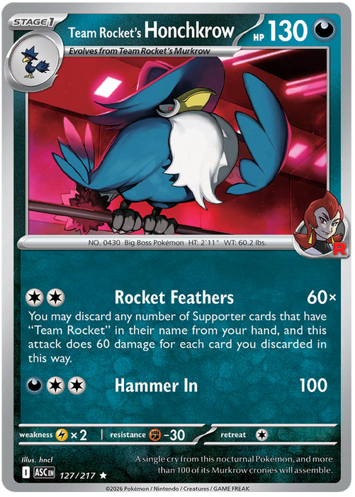 Team Rocket's Honchkrow 127/217 Rare Pokemon Card (Mega Evolution Ascended Heroes)