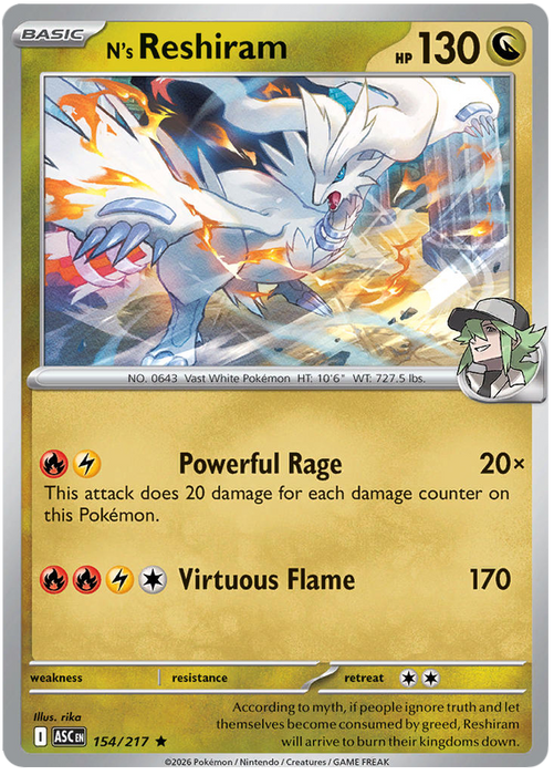 N's Reshiram 154/217 Rare Pokemon Card (Mega Evolution Ascended Heroes)