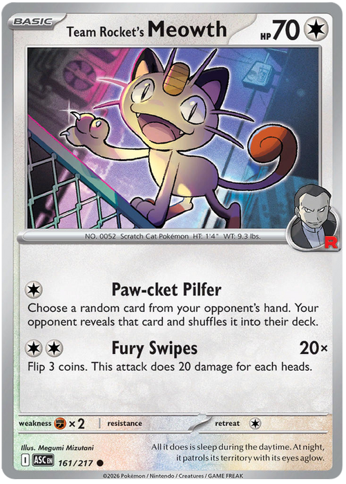 Team Rocket's Meowth 161/217 Common Pokemon Card (Mega Evolution Ascended Heroes)