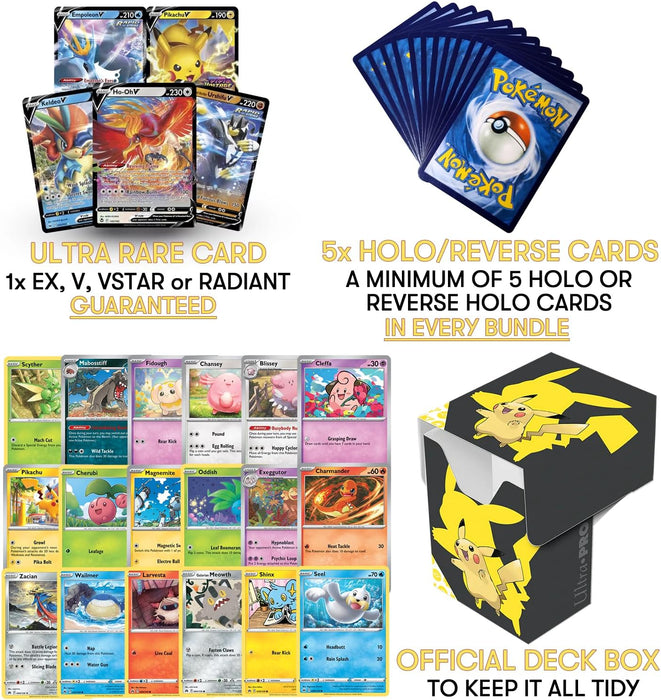 Pokemon Card Bundle - 50 Pokemon Cards including 1x Random EX, GX, RADIANT or V Card, 5 Foil Cards + A Deck Box