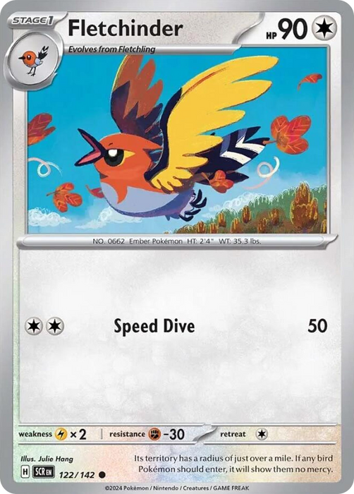 Fletchinder 122 /142 Common Reverse Holo Pokemon Card (SV Stellar Crown)