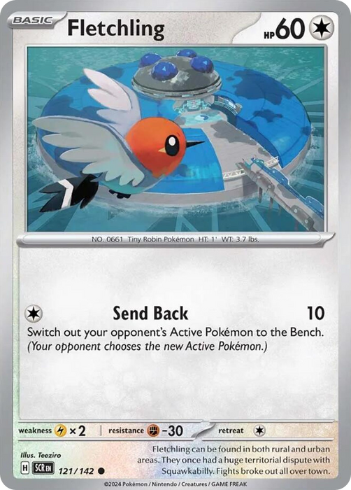 Fletchling 121 /142 Common Reverse Holo Pokemon Card (SV Stellar Crown)