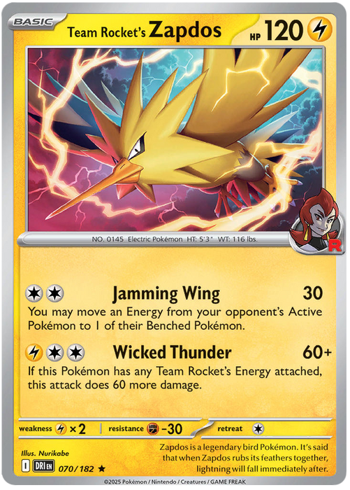 Team Rocket's Zapdos 070/182 Rare Pokemon Card (Scarlet & Violet Destined Rivals)