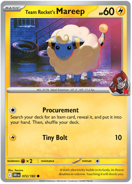 Team Rocket's Mareep 072/182 Common Pokemon Card (Scarlet & Violet Destined Rivals)