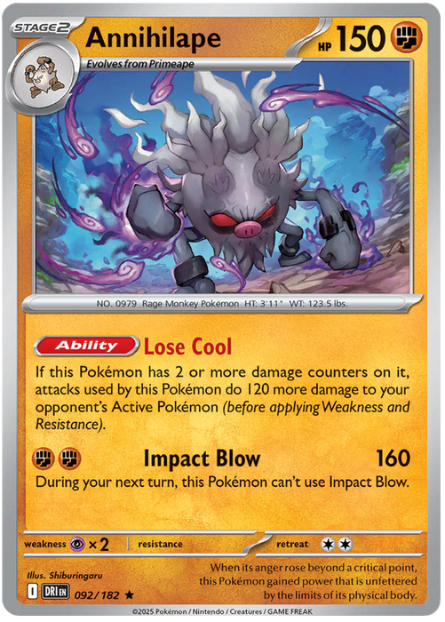 Annihilape 092/182 Rare Pokemon Card (Scarlet & Violet Destined Rivals)