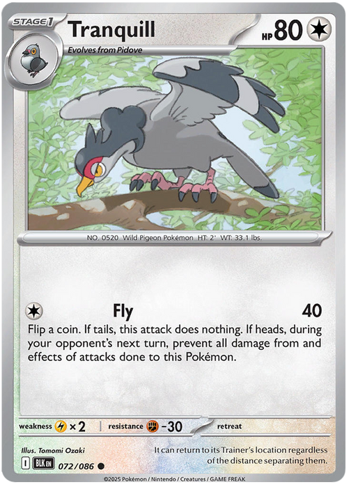 Tranquill 072/086 Common Pokemon Card (Scarlet & Violet Black Bolt)