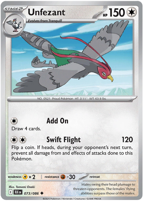 Unfezant 073/086 Uncommon Pokemon Card (Scarlet & Violet Black Bolt)