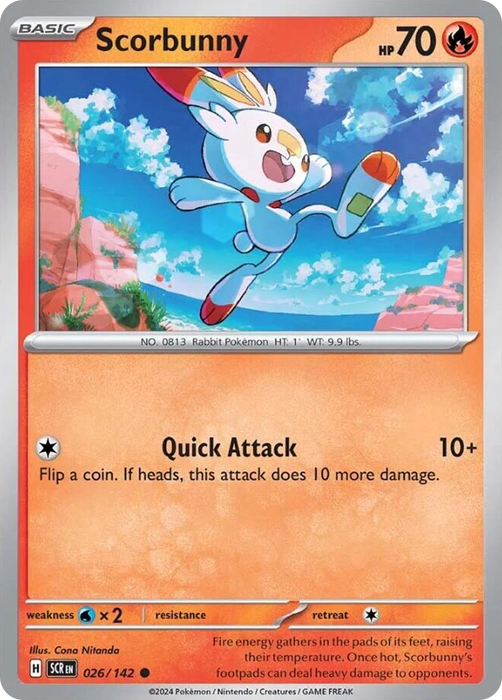 Scorbunny 026 /142 Common Reverse Holo Pokemon Card (SV Stellar Crown)