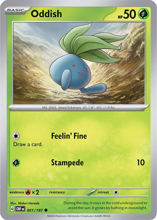 Oddish 001/197 Common Reverse Holo Pokemon Card (SV Obsidian Flames)