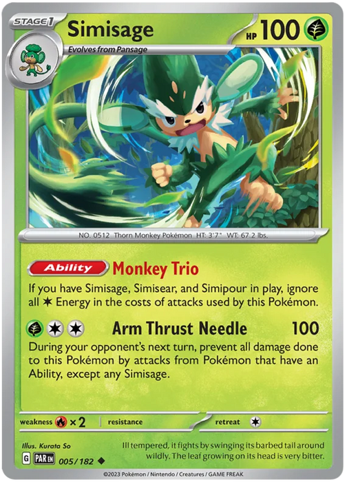 Simisage 005/182 Uncommon Reverse Holo Pokemon Card (SV04 Paradox Rift)