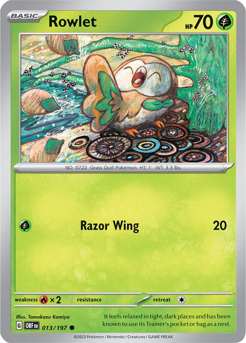 Rowlet 013/197 Common Reverse Holo Pokemon Card (SV Obsidian Flames)