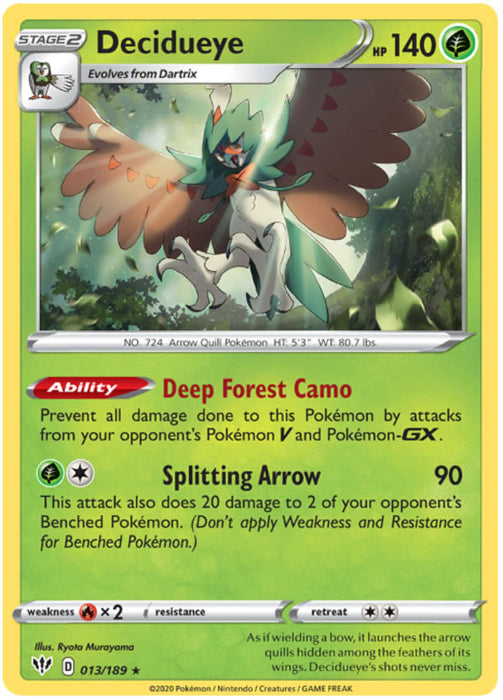 Decidueye 013/189 Rare Holo Pokemon Card (Darkness Ablaze)