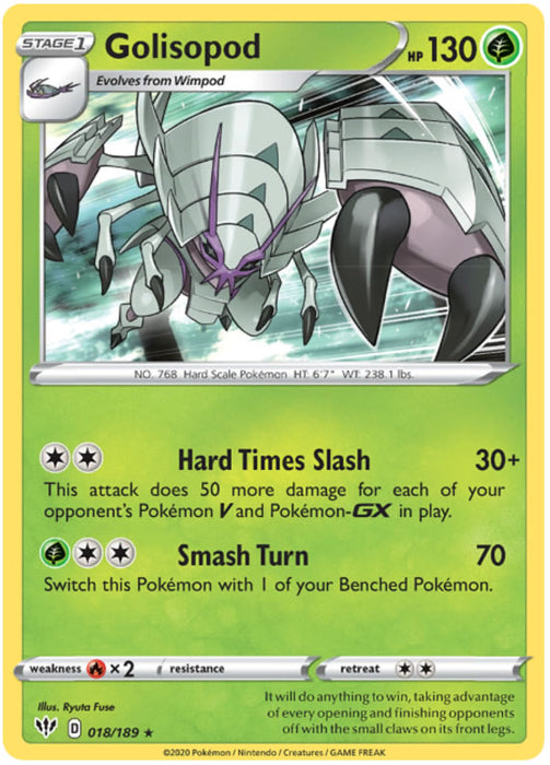 Golisopod 018/189 Rare Holo Pokemon Card (Darkness Ablaze)