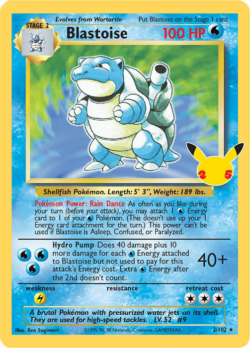 Blastoise 2/102 (Base Set) Rare Holo Pokemon Card (Celebrations Classic Collection)