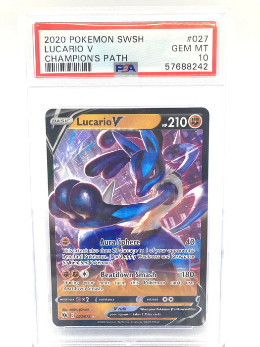 lucario v pokemon card value Lucario V 027/073 PSA 10 Gem Mint Graded Pokemon Card (Champions Path) — Titan Cards Ltd