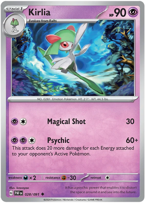 Kirlia 028/091 Common Reverse Holo Pokemon Card (SV 4.5 Paldean Fates)