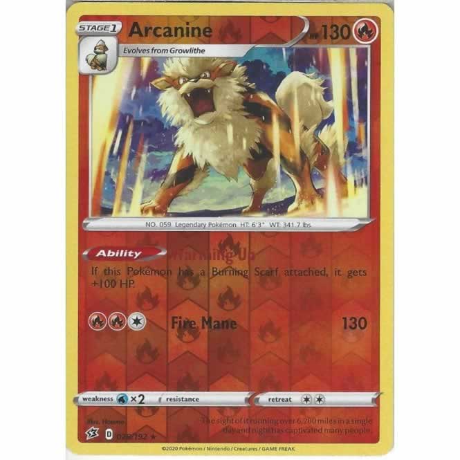 Arcanine 028/192 Rare Reverse Holo Pokemon Card (SWSH Rebel Clash)