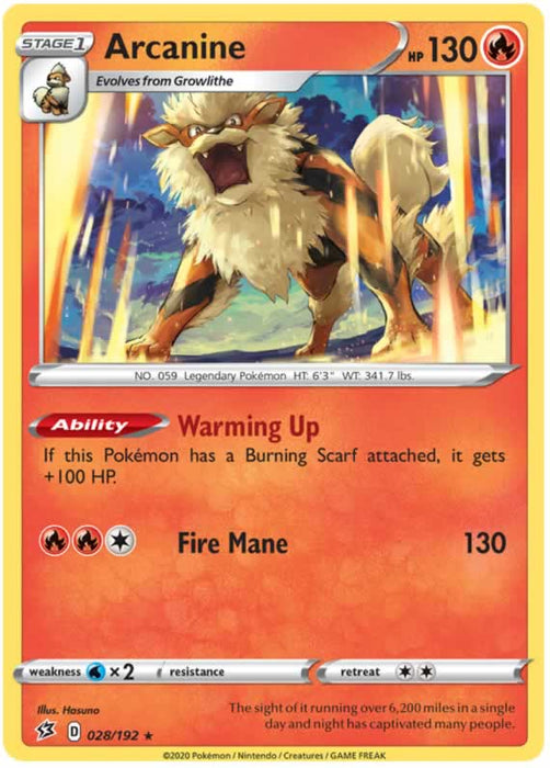 Arcanine 028/192 Rare Pokemon Card (SWSH Rebel Clash)